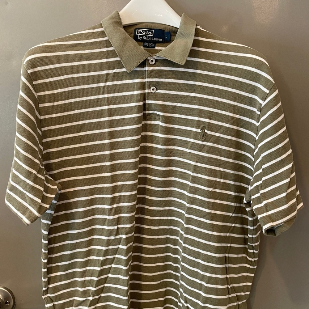 Polo Ralph Lauren Mens Large Olive Green White Striped Pima Cotton Polo Shirt